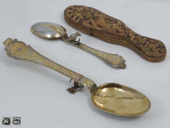 A German Parcel Gilt Silver Spoon with Leather Case